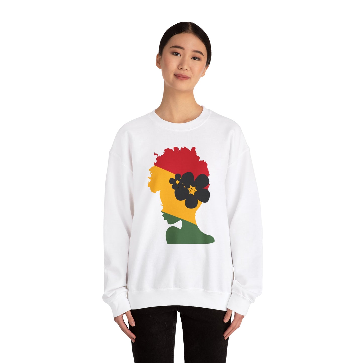 Unisex Heavy Blend™ Crewneck Sweatshirt African American Woman in Black with African Colors of Red Yellow Green