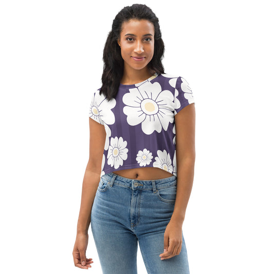 All-Over Print Crop Tee Purple White Flowers