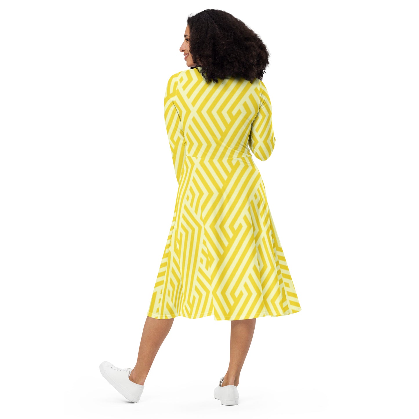 All-over print long sleeve midi dress Yellow Design Pattern