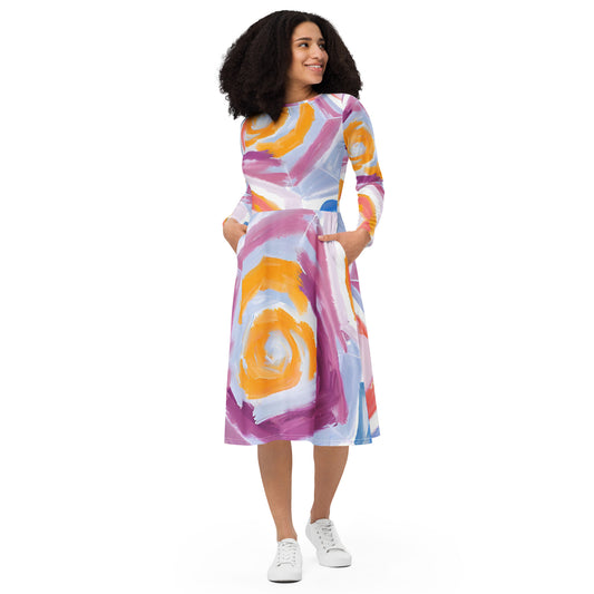 All-over print long sleeve midi dress