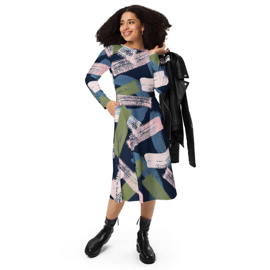 All-over print long sleeve midi dress Big Paint Like Swipes