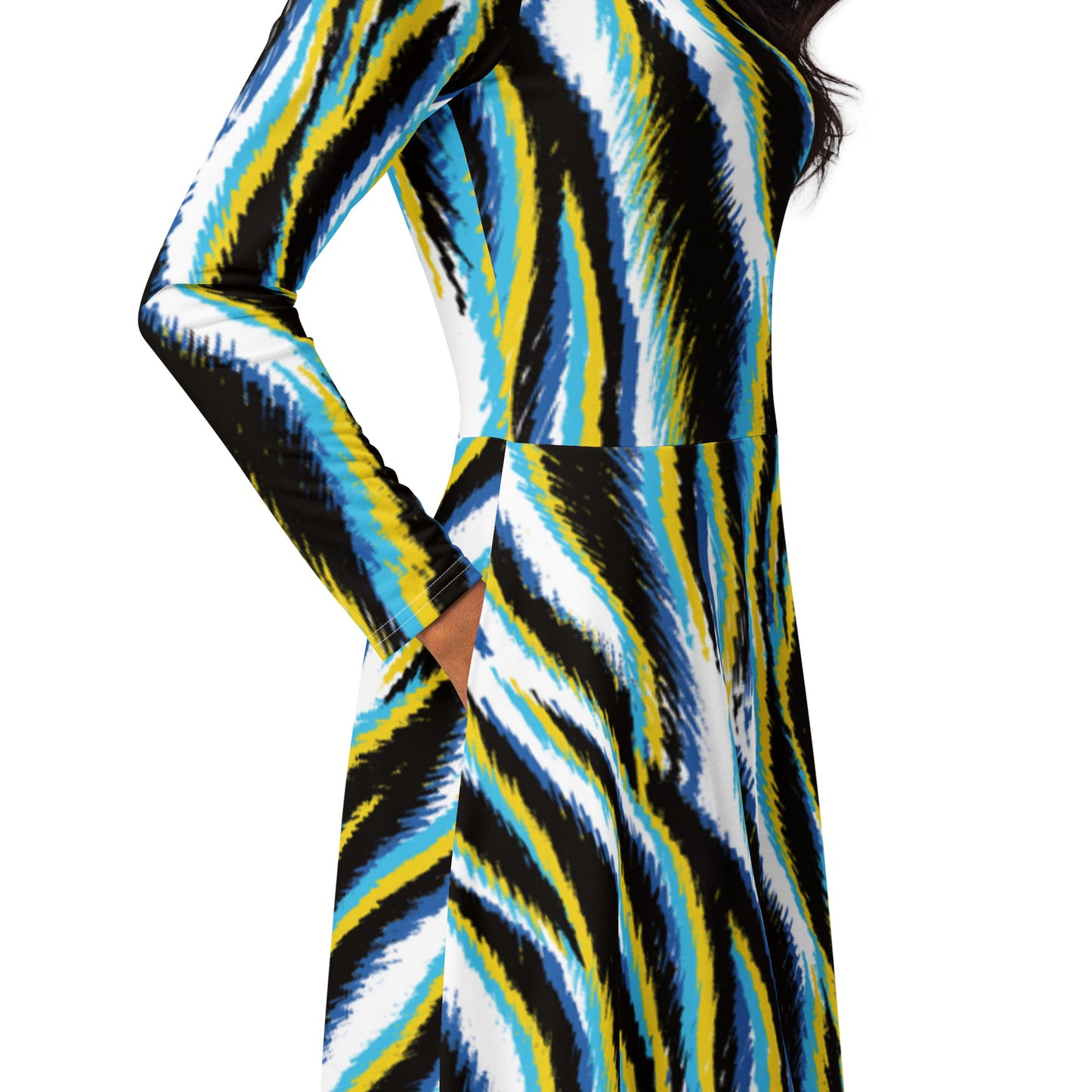 All-over print long sleeve midi dress Zebra Stripes Yellow Black