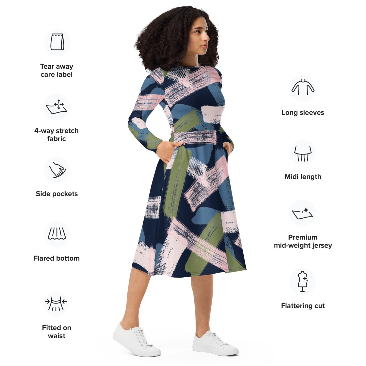 All-over print long sleeve midi dress Big Paint Like Swipes