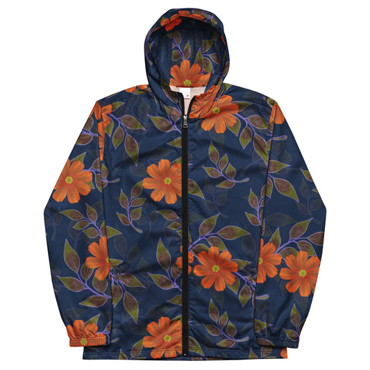 Unisex windbreaker Adult Activewear orange and Navy Blue Flower Print