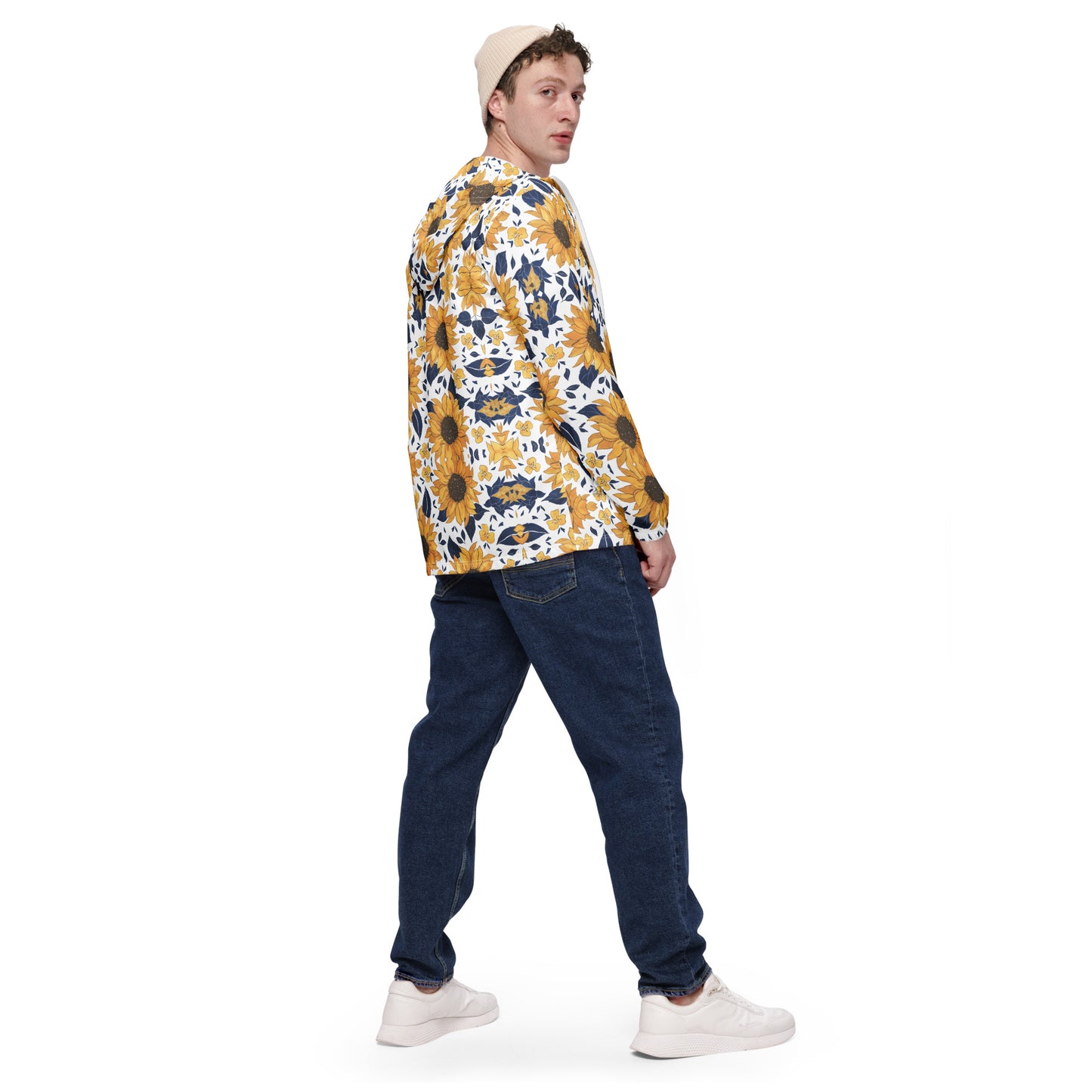 windbreaker Unisex Adult Activewear yellow and deep blue flower pattern