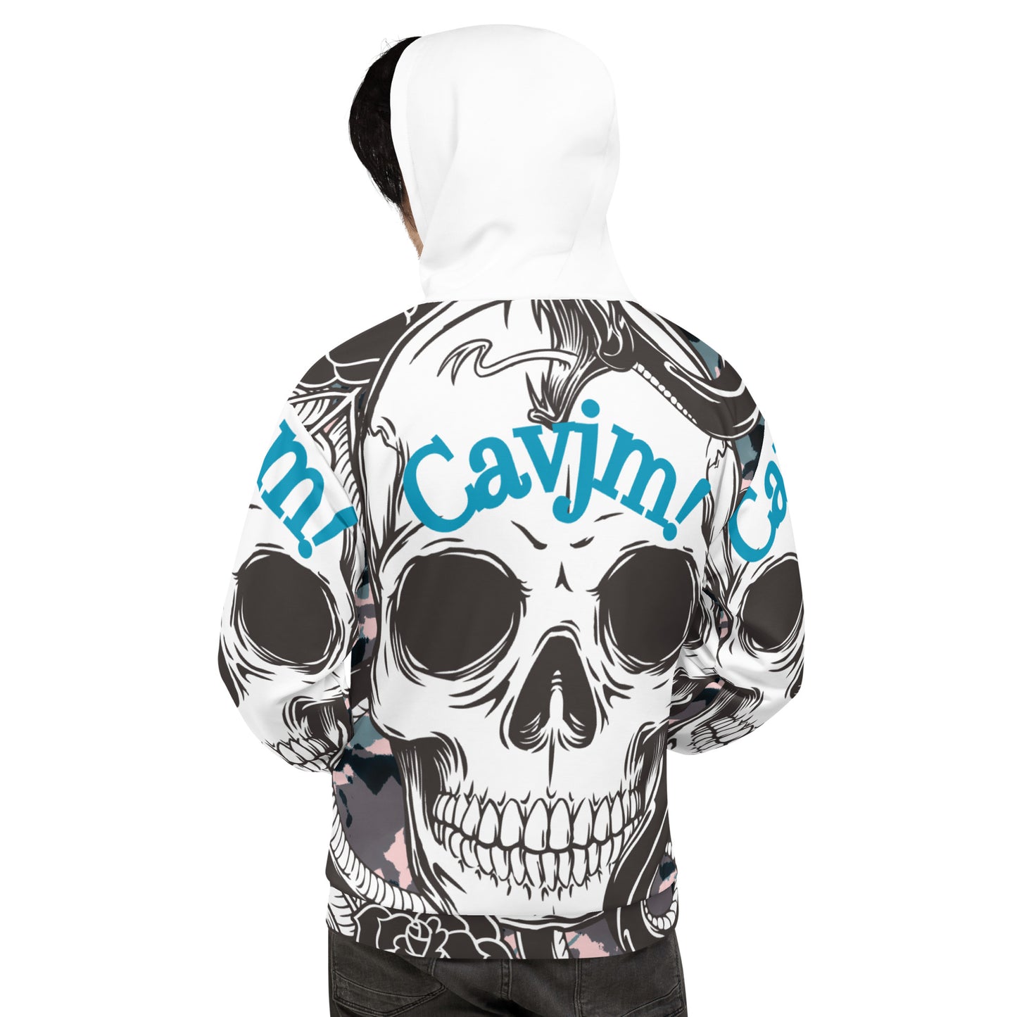 Unisex Hoodie blue writing and white black skull Adult Activewear