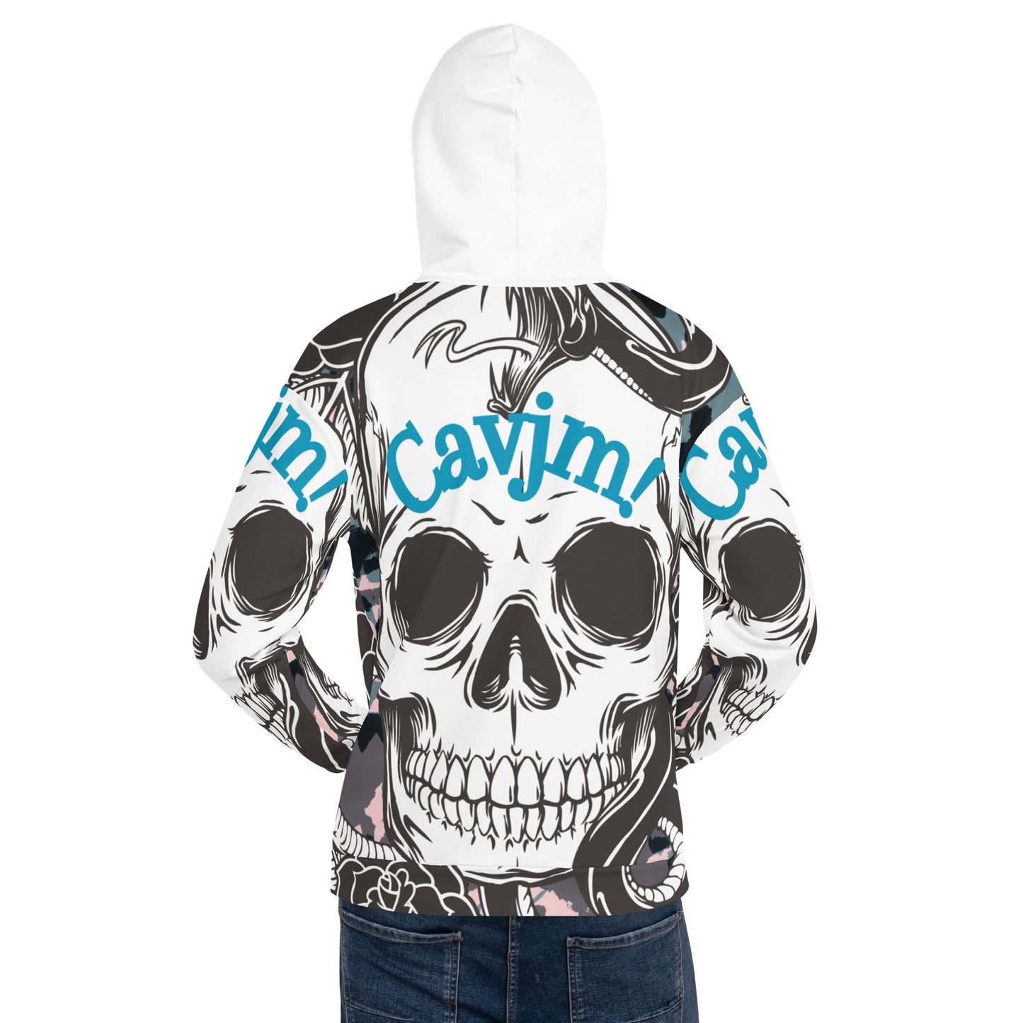 Unisex Hoodie blue writing and white black skull Adult Activewear