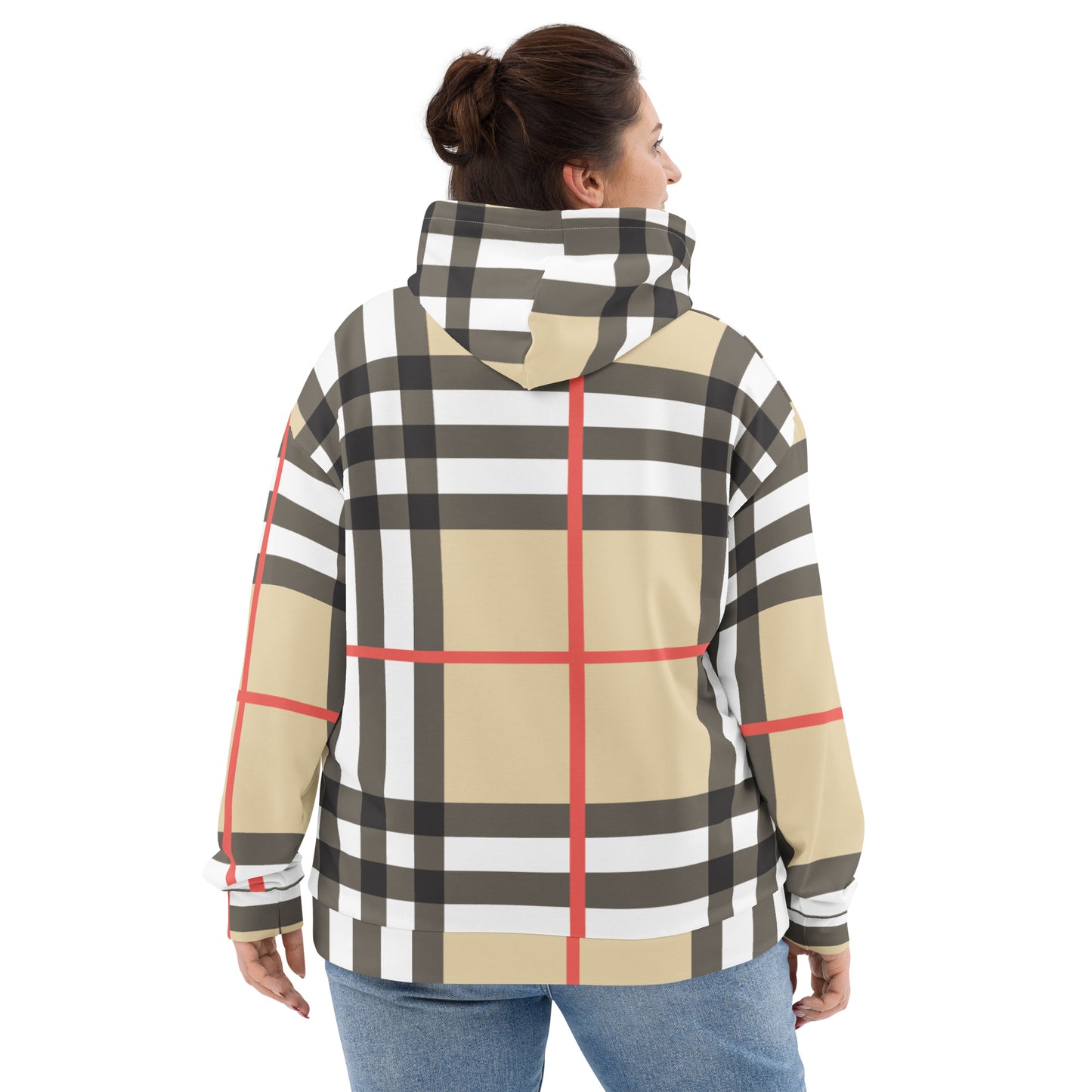 Unisex Hoodie Adult Activewear Tan and beige red plaid