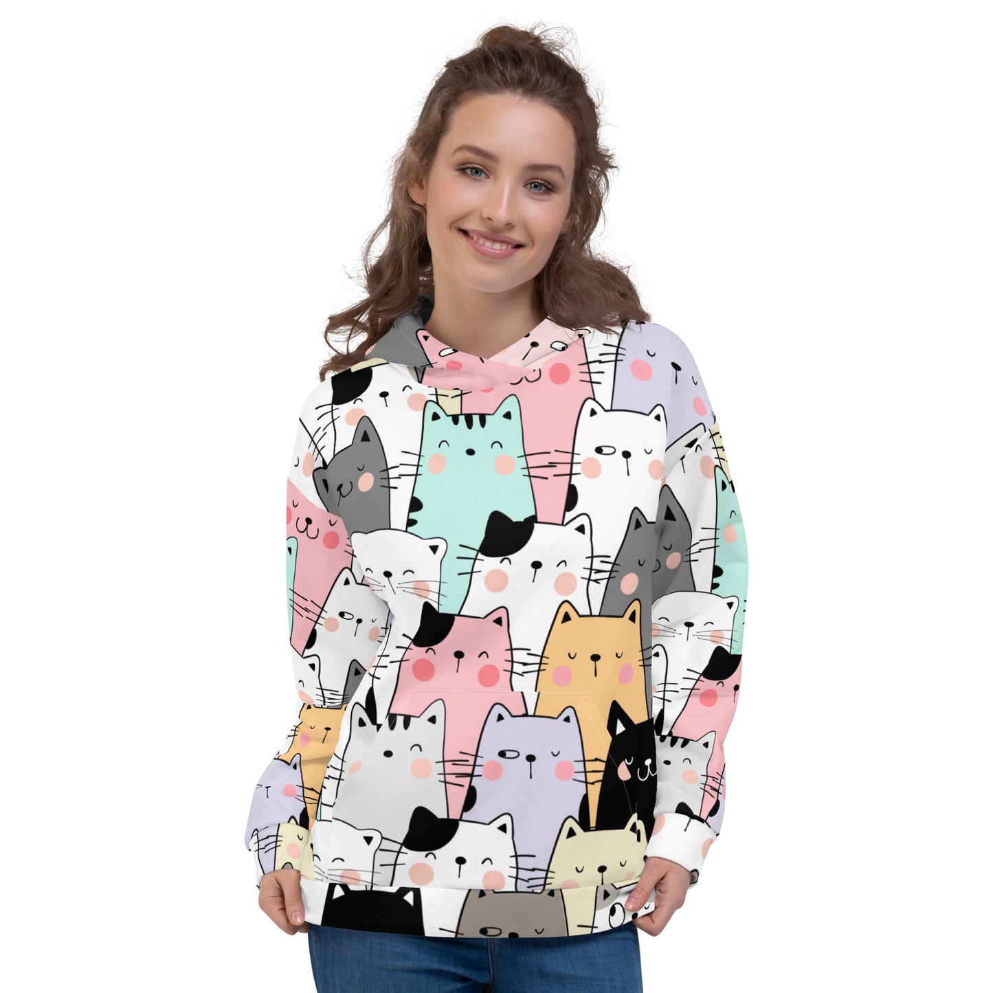 Unisex Hoodie Unisex Adult Activewear pink purple mint green black outline cats design pattern