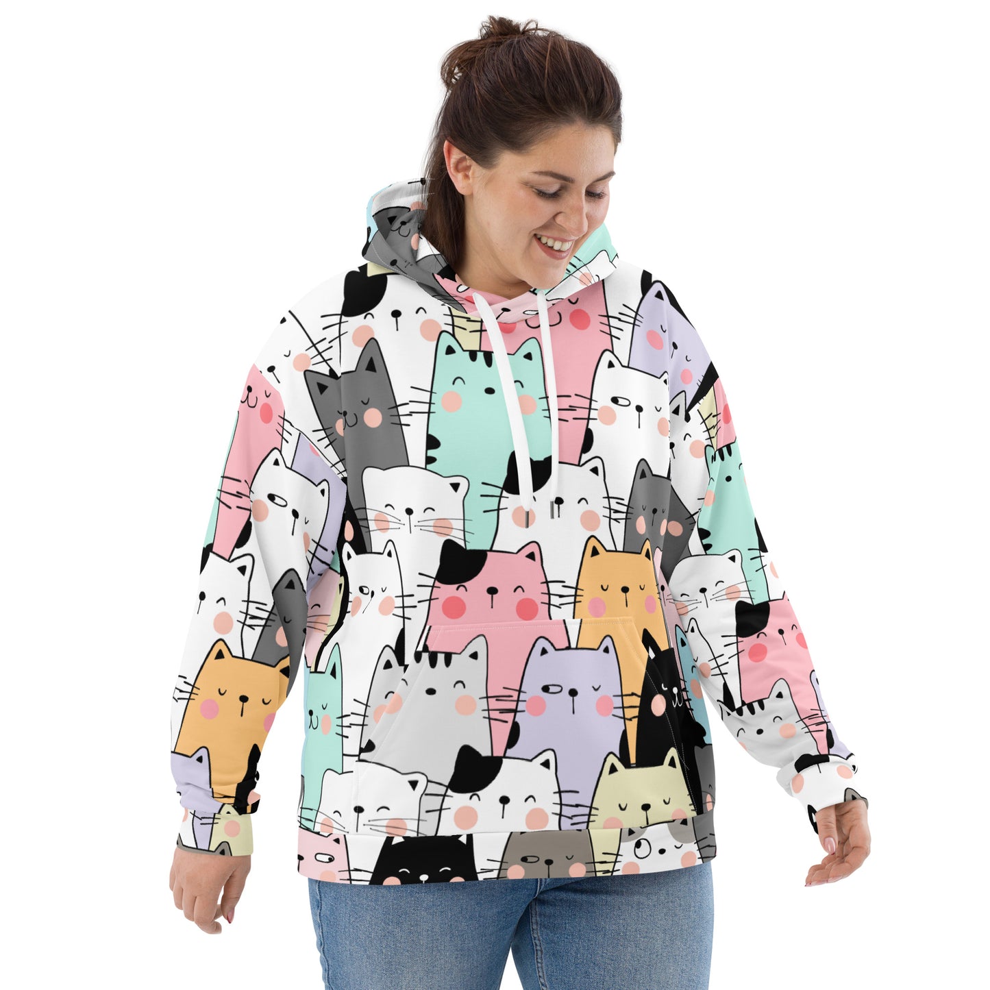 Unisex Hoodie Unisex Adult Activewear pink purple mint green black outline cats design pattern