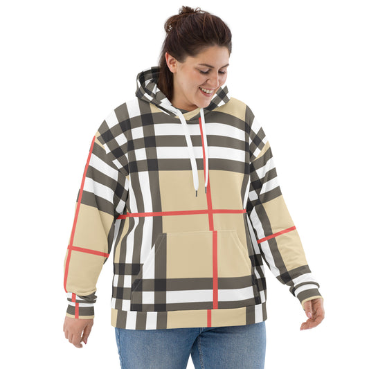 Unisex Hoodie Adult Activewear Tan and beige red plaid