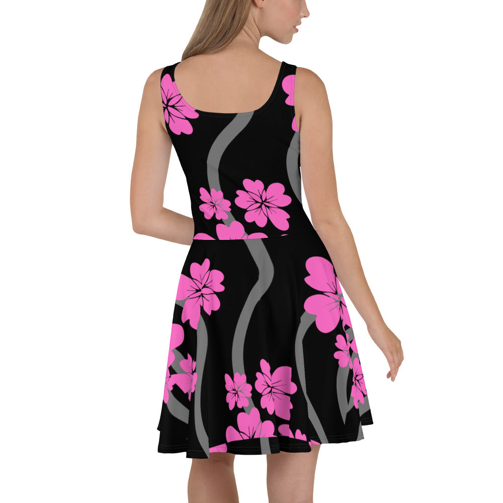 Skater Dress hot Pink Flowers Black Grey Swirly Stripes