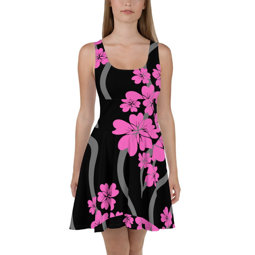 Skater Dress hot Pink Flowers Black Grey Swirly Stripes