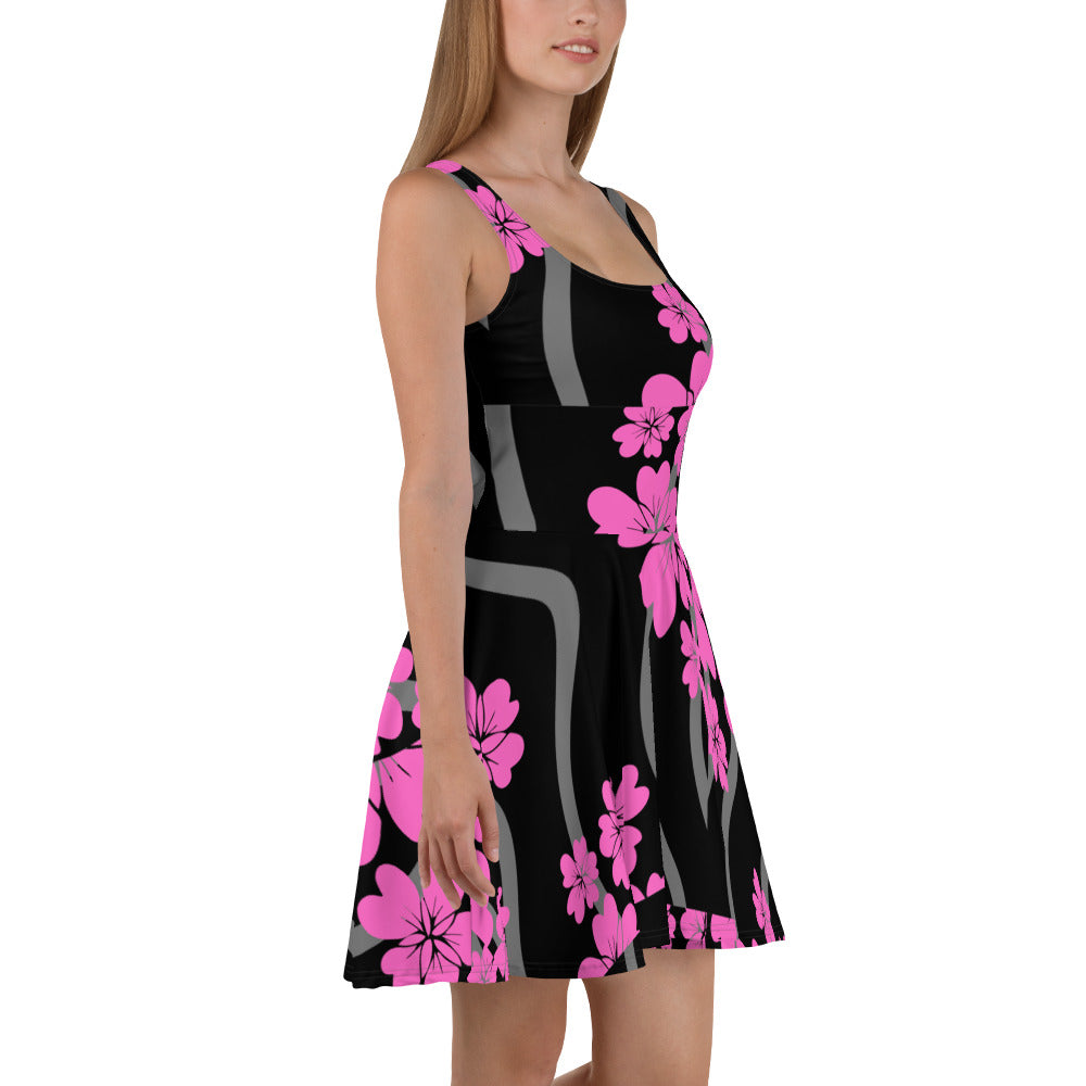 Skater Dress hot Pink Flowers Black Grey Swirly Stripes