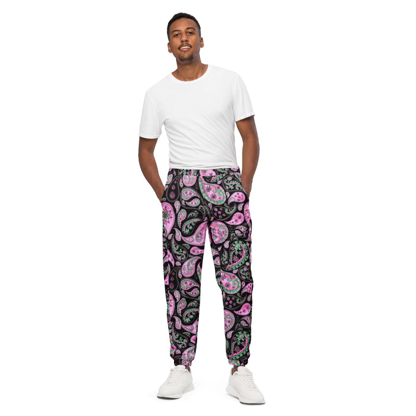 Unisex track pants  Activewear Adult Pink Green Paisley Design