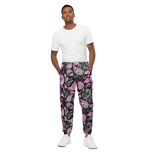Unisex track pants  Activewear Adult Pink Green Paisley Design