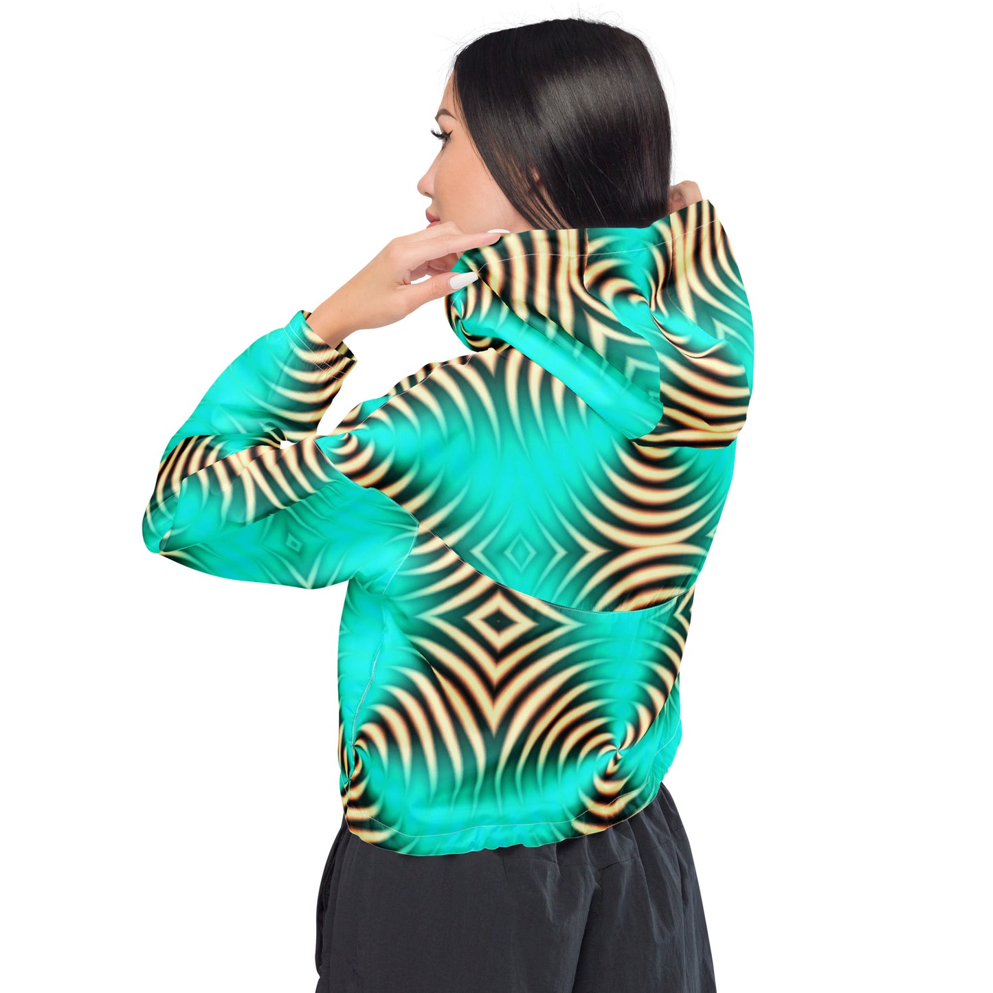 Women’s cropped windbreaker Green Trippy Design Zig-Zag