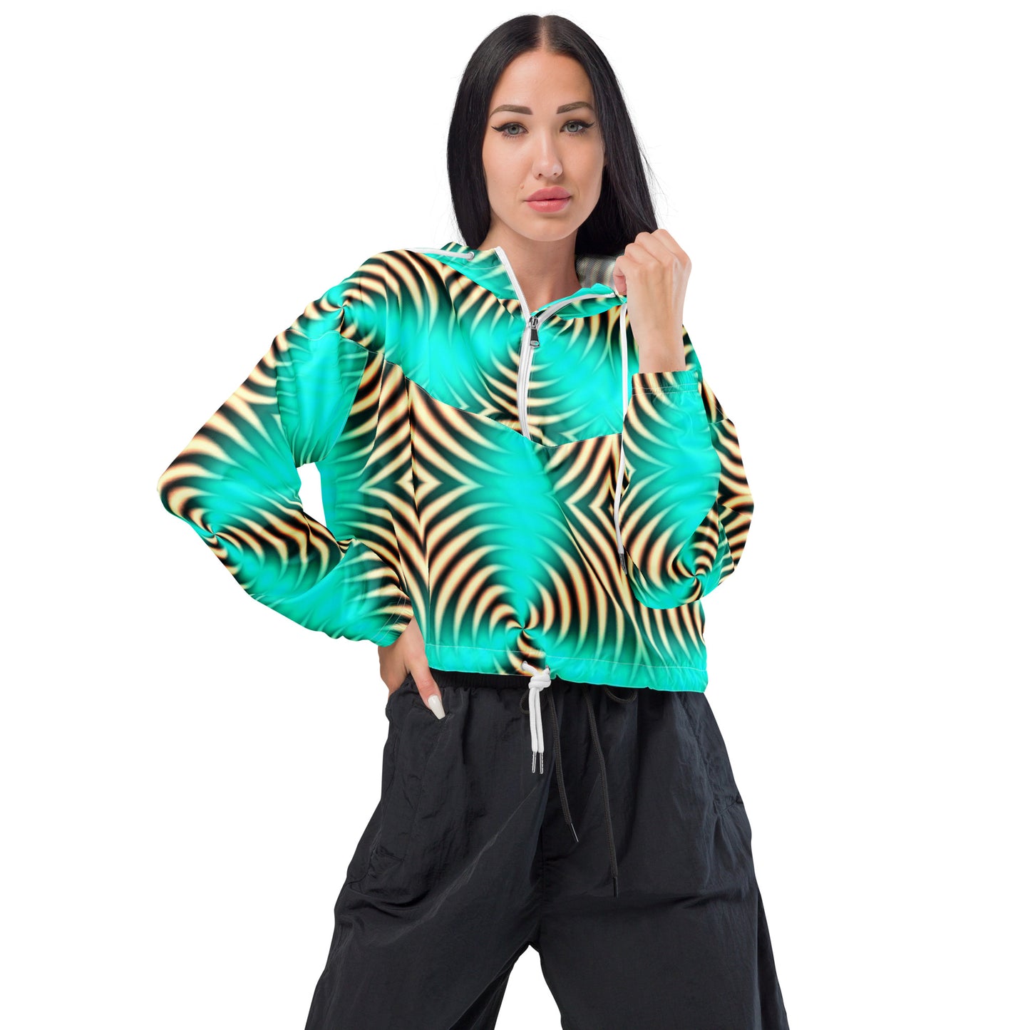 Women’s cropped windbreaker Green Trippy Design Zig-Zag