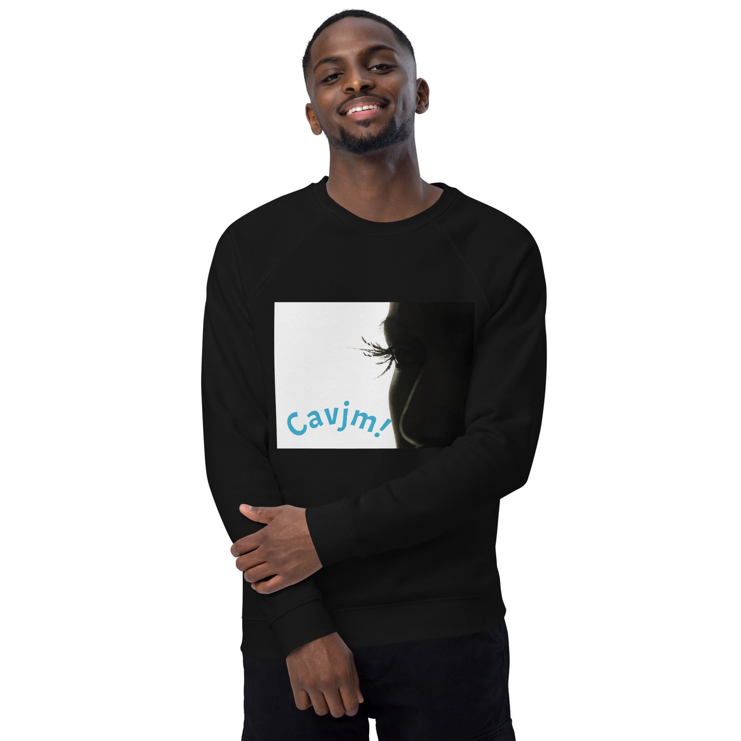 Unisex organic raglan sweatshirt black blue writing Adult Activewear