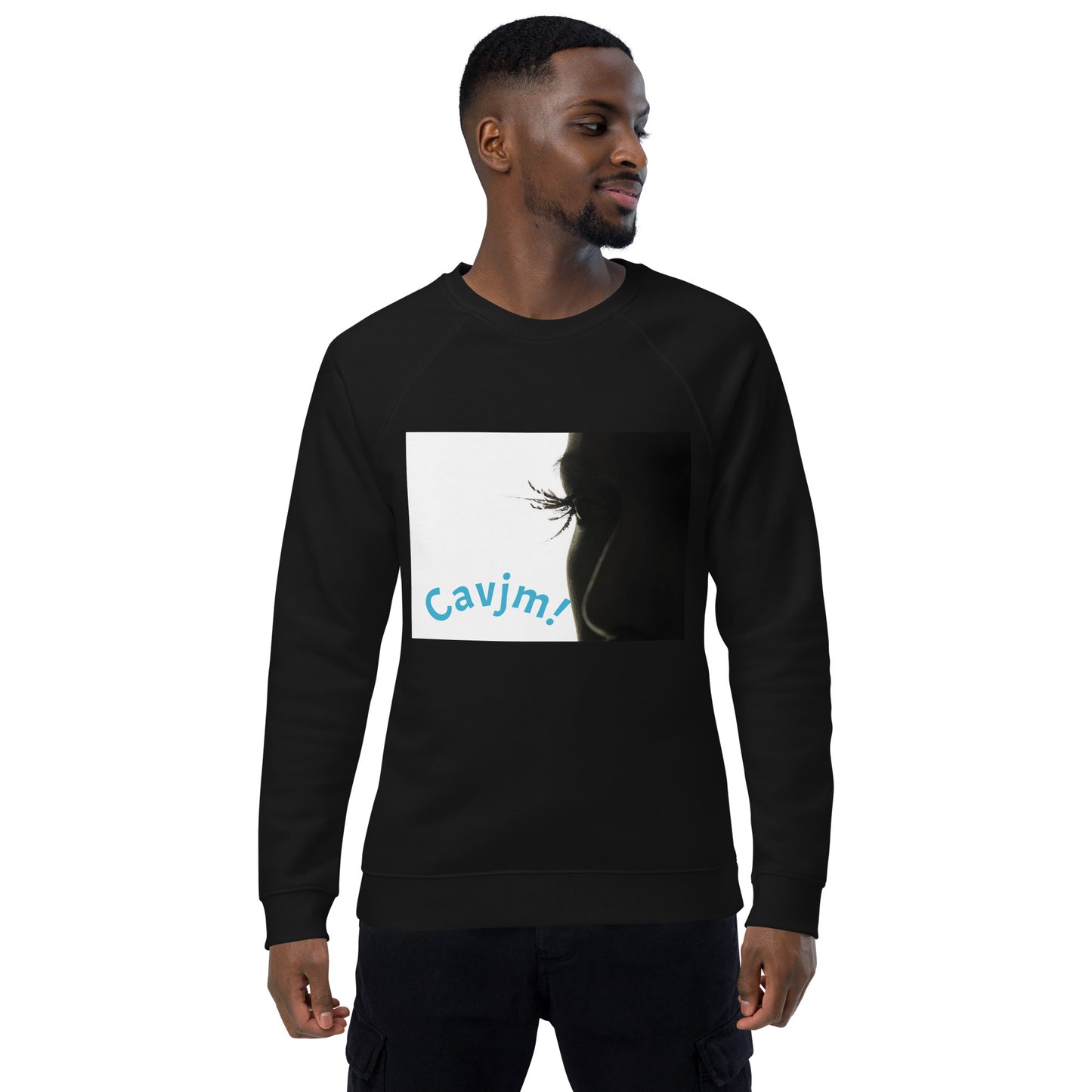 Unisex organic raglan sweatshirt black blue writing Adult Activewear