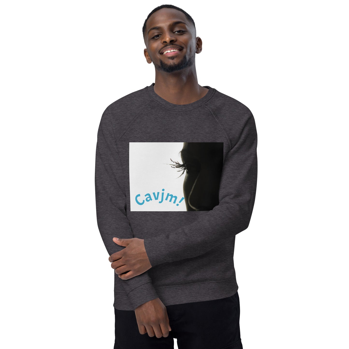 Unisex organic raglan sweatshirt black blue writing Adult Activewear